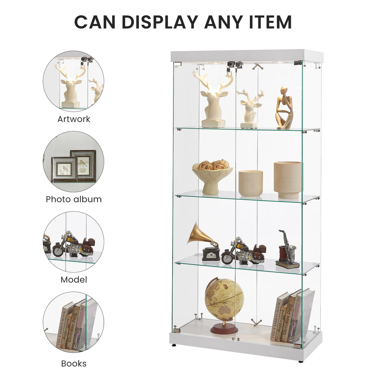 Yoluckea Glass Cabinet with Light, 4 Shelves Glass Display Cabinet w/2 Doors, Floor Standing Clear Glass Curio Cabinet Collection Display Cabinet for Living Room Bedroom 66.3” x 31.5” x 14.2” White Yoluckea