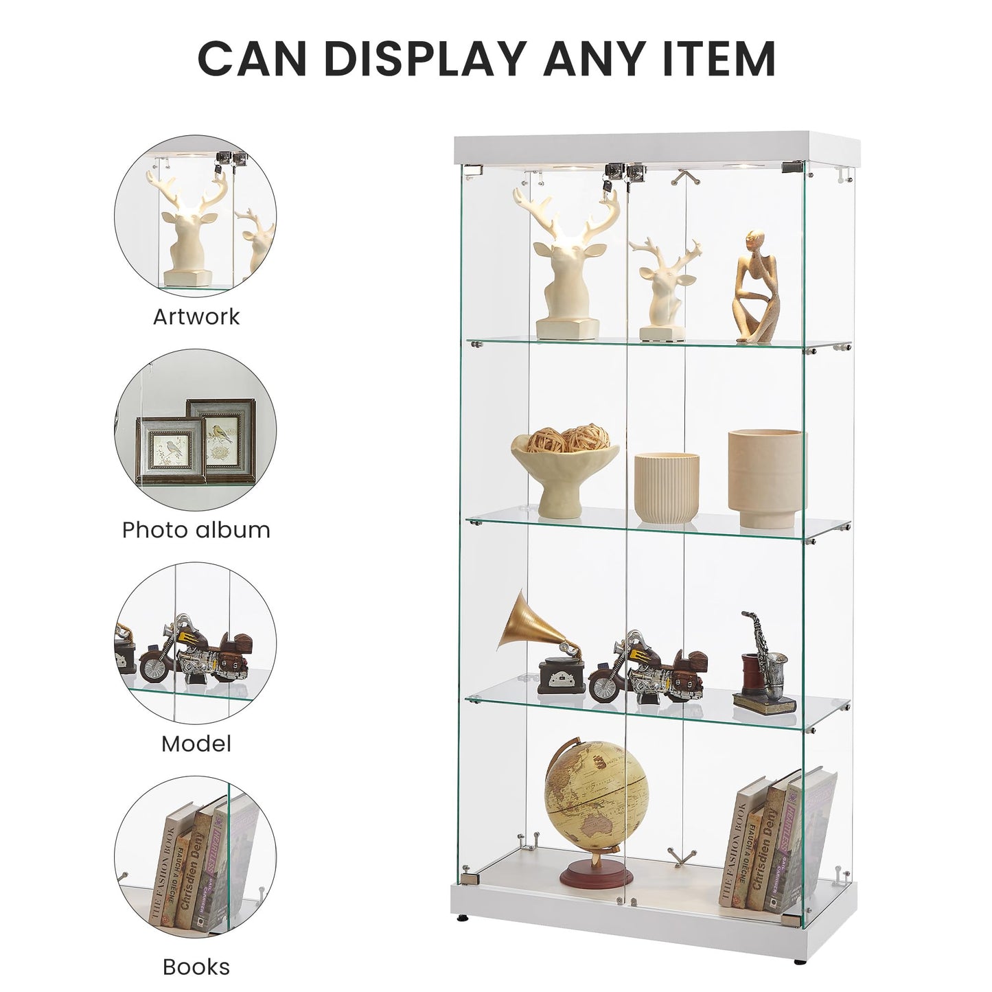 Yoluckea Glass Cabinet with Light, 4 Shelves Glass Display Cabinet w/2 Doors, Floor Standing Clear Glass Curio Cabinet Collection Display Cabinet for Living Room Bedroom 66.3” x 31.5” x 14.2” White