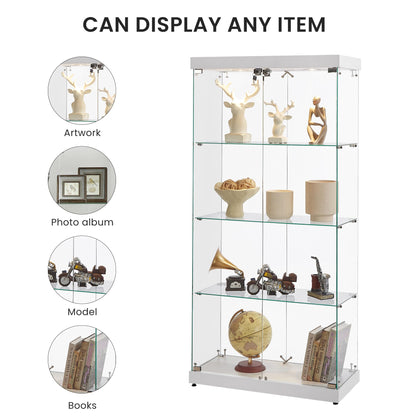 Yoluckea Glass Cabinet with Light, 4 Shelves Glass Display Cabinet w/2 Doors, Floor Standing Clear Glass Curio Cabinet Collection Display Cabinet for Living Room Bedroom 66.3” x 31.5” x 14.2” White