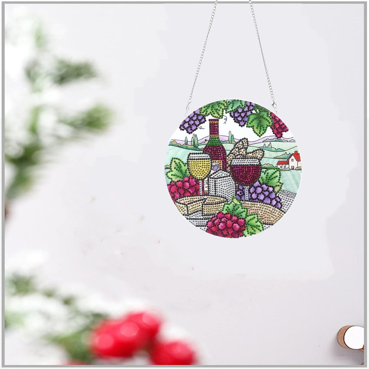 LUSandy DIY 5D Grape Wine Diamond Painting Kits Hanging Sign Wall Art Sign Special Shaped Crystal Red Wine Diamond Art Window Pendants Home Garden Wall Door Hanging Diamond Painting Kits LUSandy