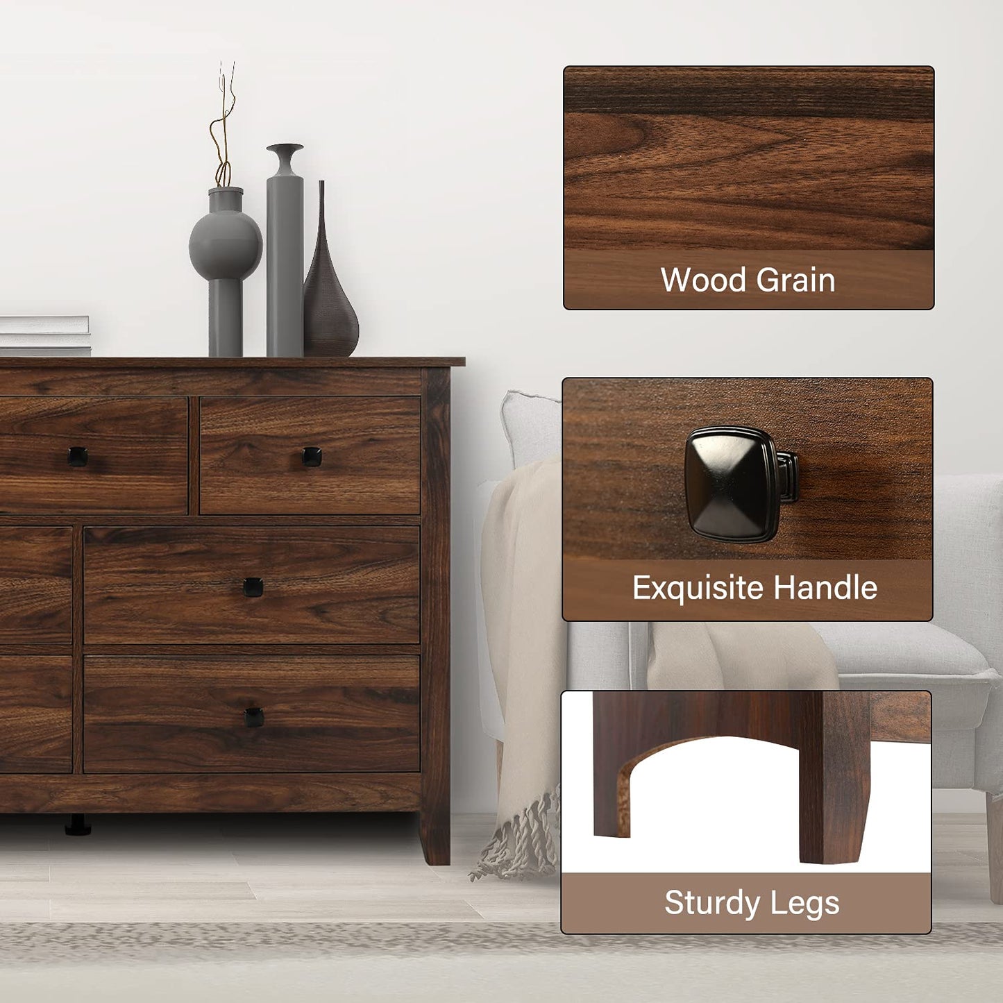 LTMEUTY Bedroom Dresser - Wooden Dresser for Bedroom, 7 Drawers Horizontal Dresser, Rustic Style Bedroom Furniture, Chest of Dresser, Brown Wood Grain