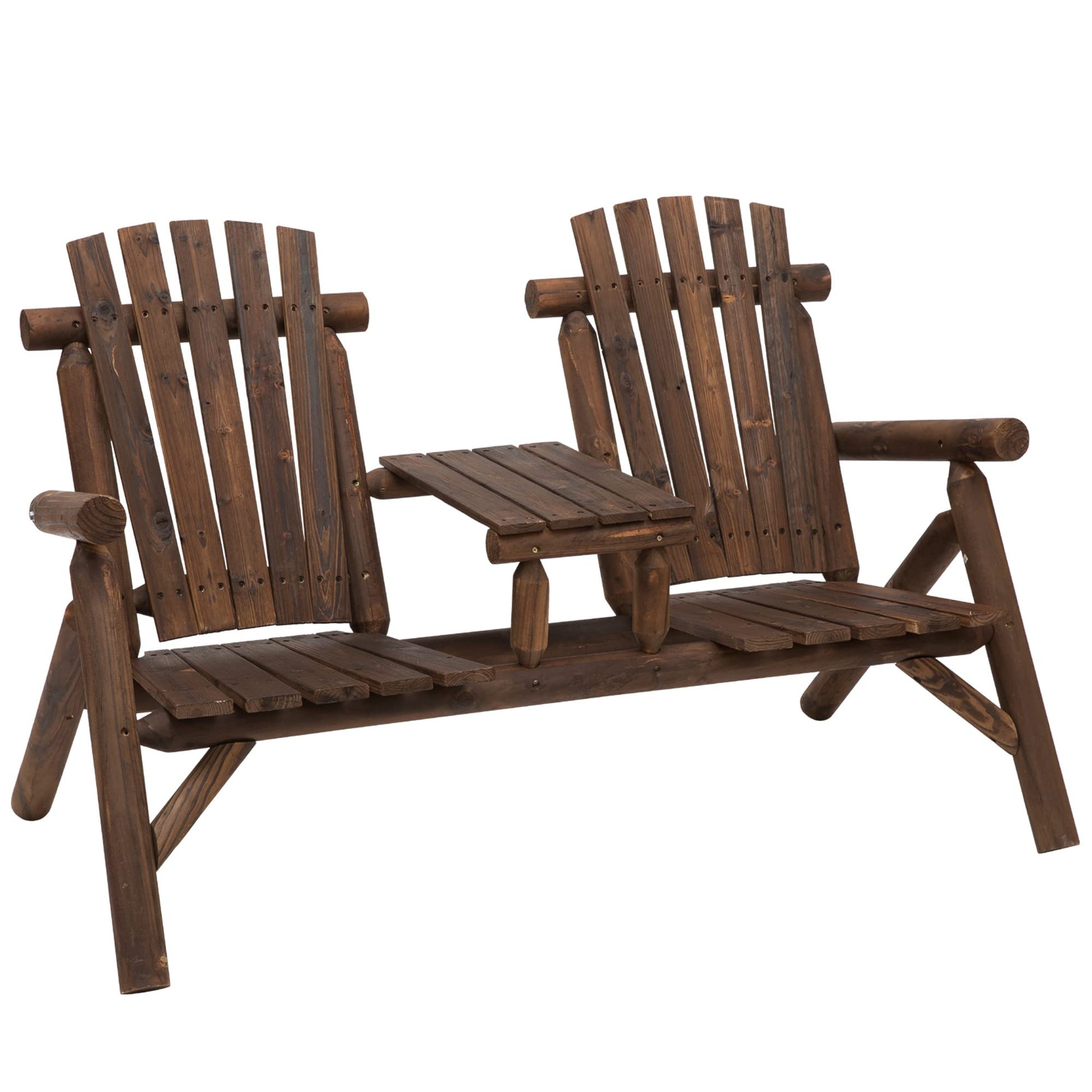 Outsunny 2-Seat Wooden Adirondack Chair, Patio Bench with Table, Outdoor Loveseat Fire Pit Chair for Porch, Backyard, Deck, Carbonized - WoodArtSupply