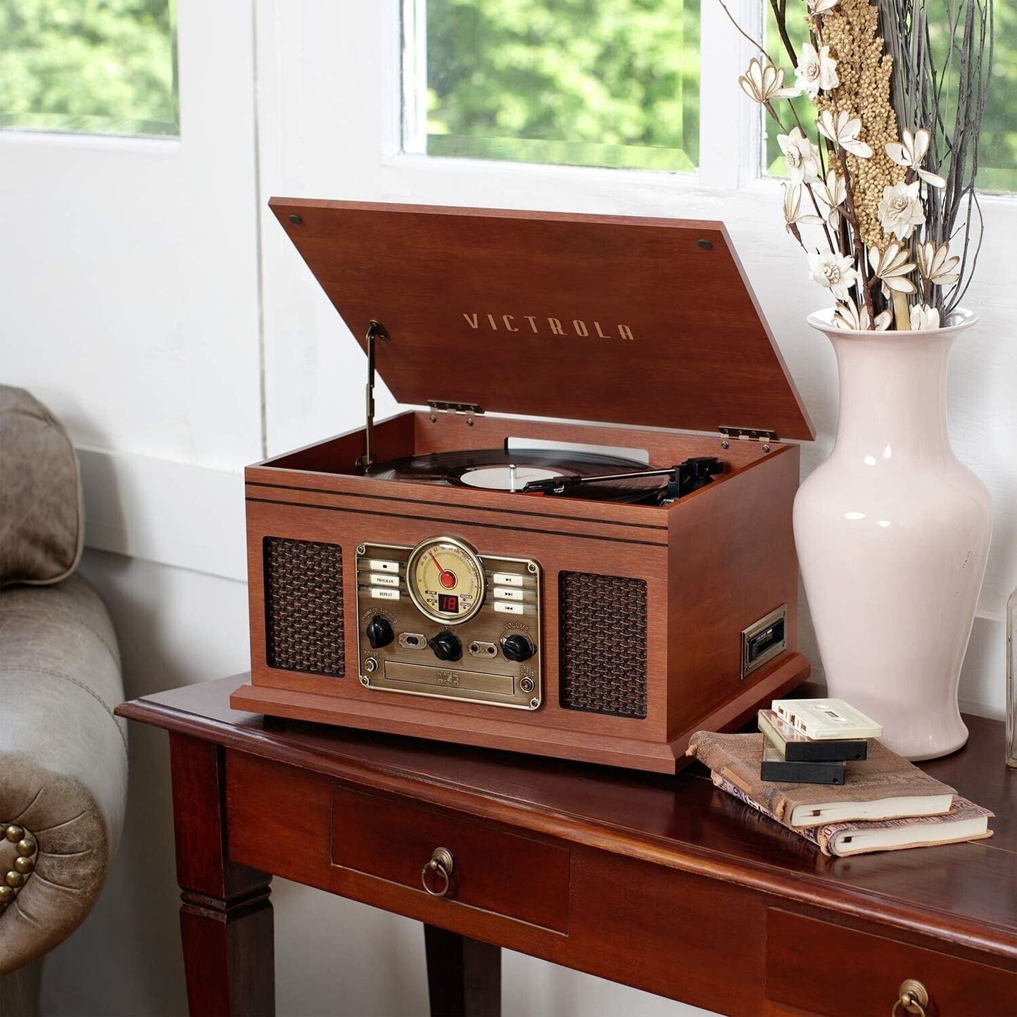 Victrola Nostalgic 6-in-1 Bluetooth Record Player & Multimedia Center with Built-in Speakers - 3-Speed Turntable, CD & Cassette Player, FM Radio | Wireless Music Streaming | Mahogany - WoodArtSupply