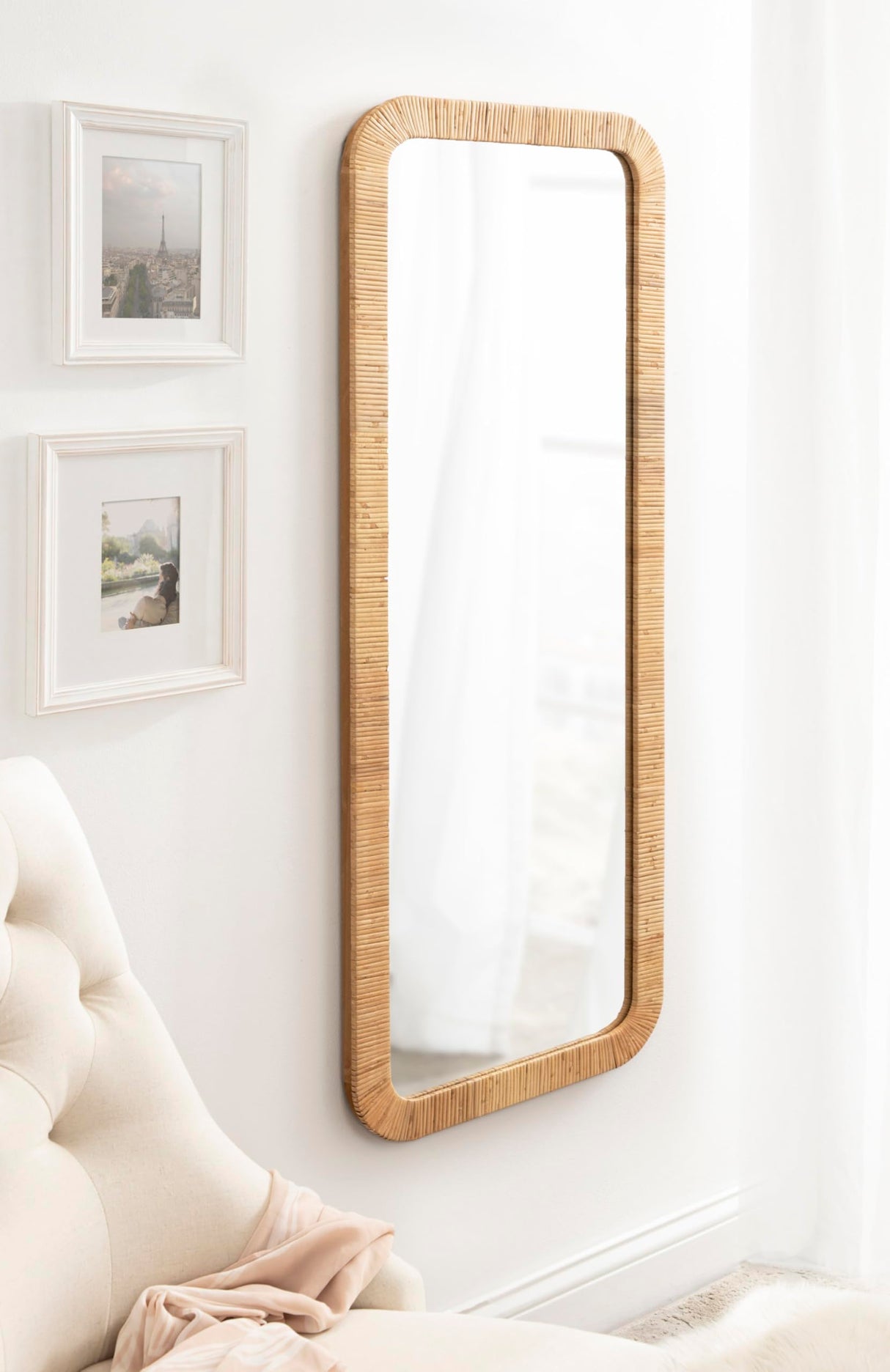 Kate and Laurel Rahfy Boho Rectangle Rattan Wall Mirror, 18 x 48, Natural Wood, Decorative Rounded Rectangular Full-Length Mirror with Authentic Rattan Frame for Bedroom Floor Mirror Kate and Laurel