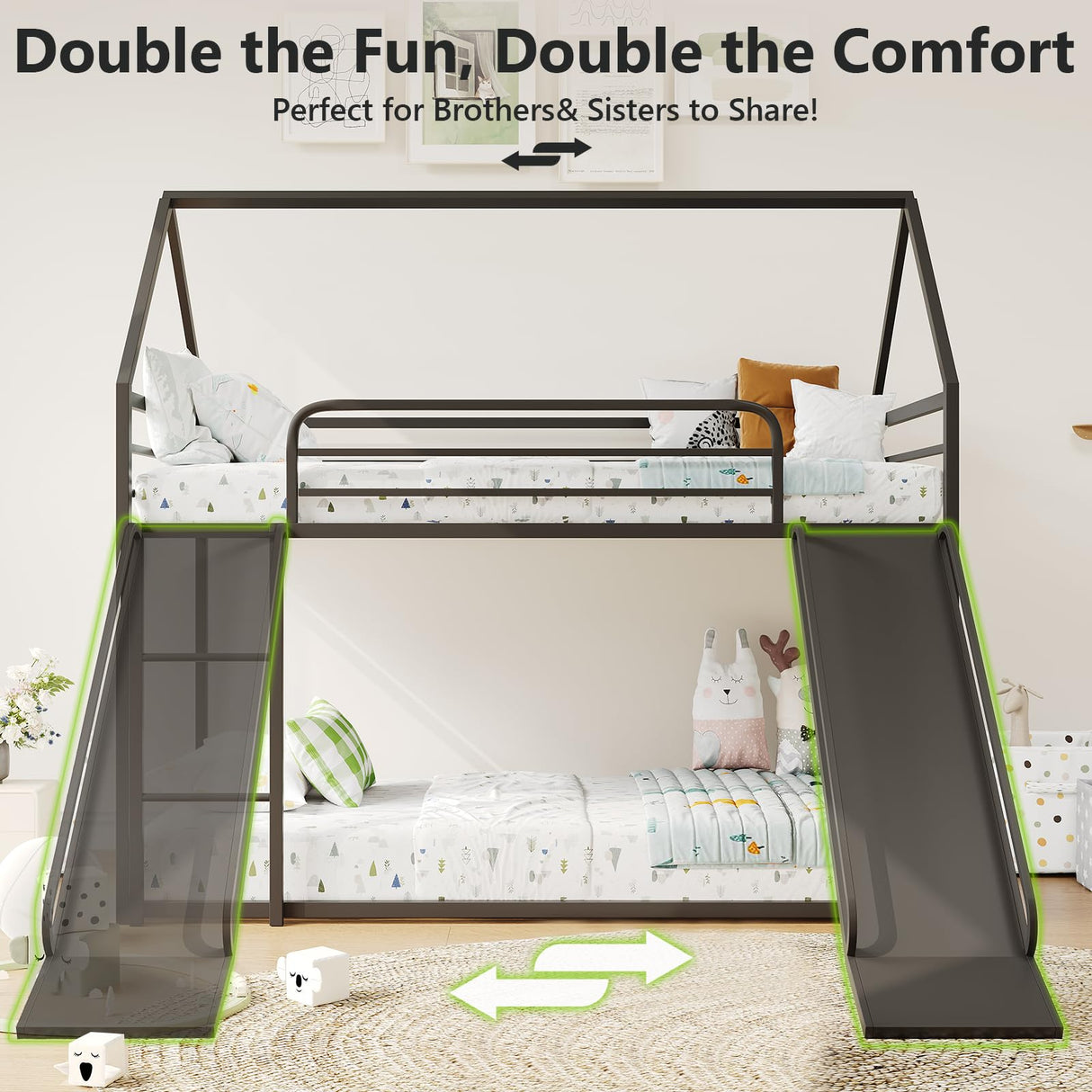 YIORTWO Twin-Over-Twin Low Metal Bunk Bed with Convertible Slide, Montessori Floor Bunk Bed Frame with Curved Edges Guardrail, Heavy Duty Metal Bed with House Shape and Roof for Kids, Black YIORTWO