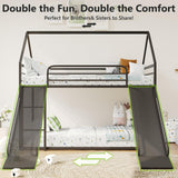 YIORTWO Twin-Over-Twin Low Metal Bunk Bed with Convertible Slide, Montessori Floor Bunk Bed Frame with Curved Edges Guardrail, Heavy Duty Metal Bed with House Shape and Roof for Kids, Black YIORTWO
