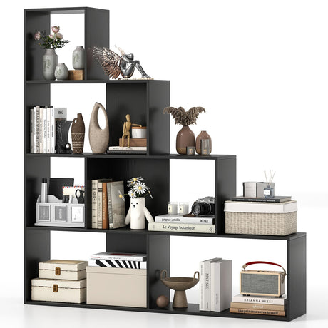 Giantex 6 Cube Geometric Bookshelf, 4-Tier L-Shaped Bookcase with Cubes, Freestanding Ladder Corner Display Shelf w/Anti-Toppling Kits, Modern Etagere Bookshelf for Living Room, Bedroom (Black) Giantex