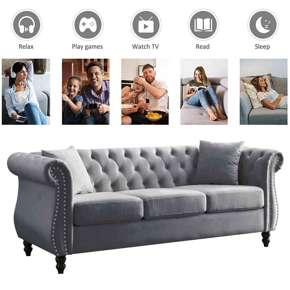 ATUMON 2 Piece Chesterfield Velvet 80“ 3-Seater and 59" Loveseat Sofa Set,Tufted Couch with 4 Pillows,Rolled Arms and Nailhead for Living Room, Bedroom, Office Grey ATUMON