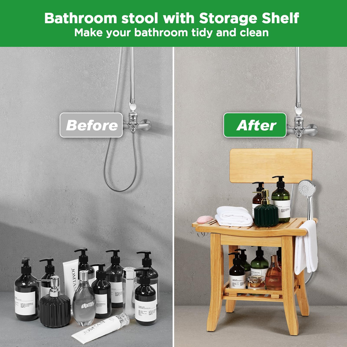 Ollieroo Two-Tier Bamboo Shower Chair for Inside Shower, Waterproof Baby Bath Seat with Storage Shelf, Soap Dish and Shower Head Holder, Shower Stool for Seniors Adults Disabled Pregnant(Natual) Ollieroo