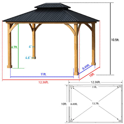 Aoodor 12 x 10 ft. Outdoor Solid Wooden Frame Gazebo with 2-Tier Hardtop Roof, for Patio Backyard Deck and Lawns - Black Canopy