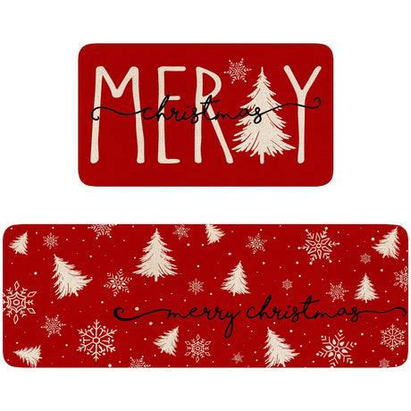 Eikunn Red Christmas Kitchen Rugs Set of 2 Xmas Trees Snowflake Kitchen Mat for Floor Winter Holiday Non-Slip Kitchen Sink Mats Kitchen Decor Doormat+Runner Rug Eikunn