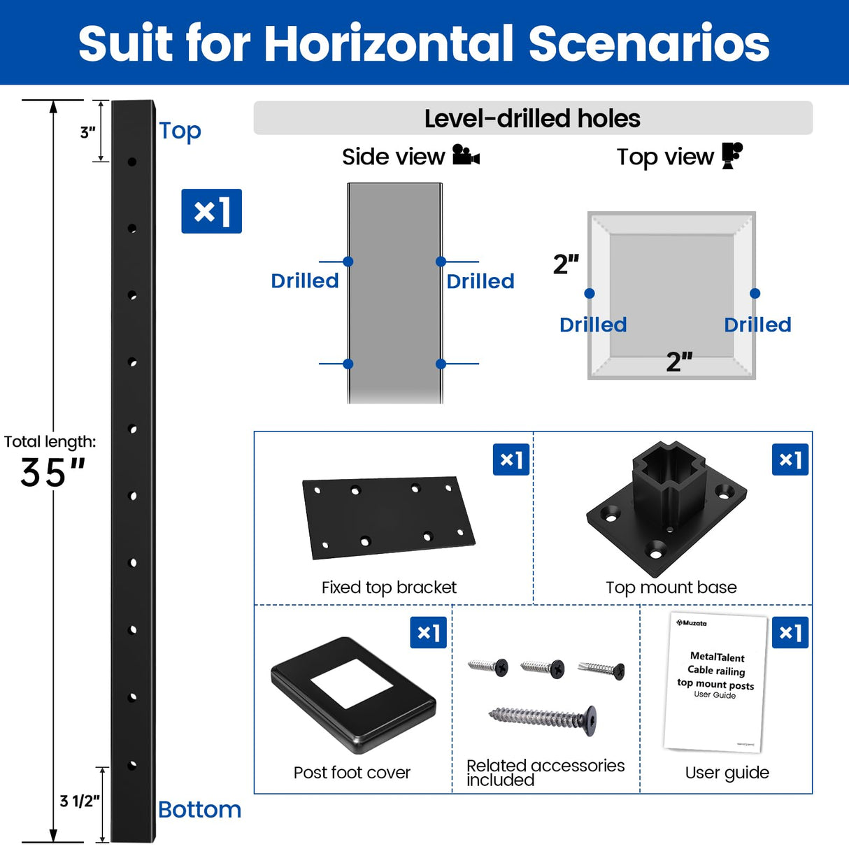 Muzata Aluminum Black Cable Railing Post 36 Inch 36"X2"x2" Level Drilled Surface Mount Cable Railing System Kit Indoor Outdoor Seaside with Paper User Guide PD02 BHAS Muzata