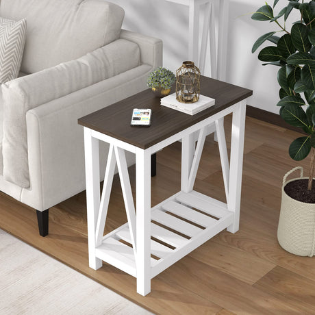 ChooChoo Farmhouse End Table Set of 2, Rustic Vintage Narrow End Side Table with Storage Shelf for Small Spaces, Nightstand Sofa Table for Living Room, Bedroom White ChooChoo