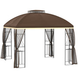 Outsunny 10' x 10' Patio Gazebo with Corner Shelves, Double Roof Outdoor Gazebo Canopy Shelter with Removable Mesh Netting, for Garden, Lawn, Backyard and Deck, Brown Outsunny