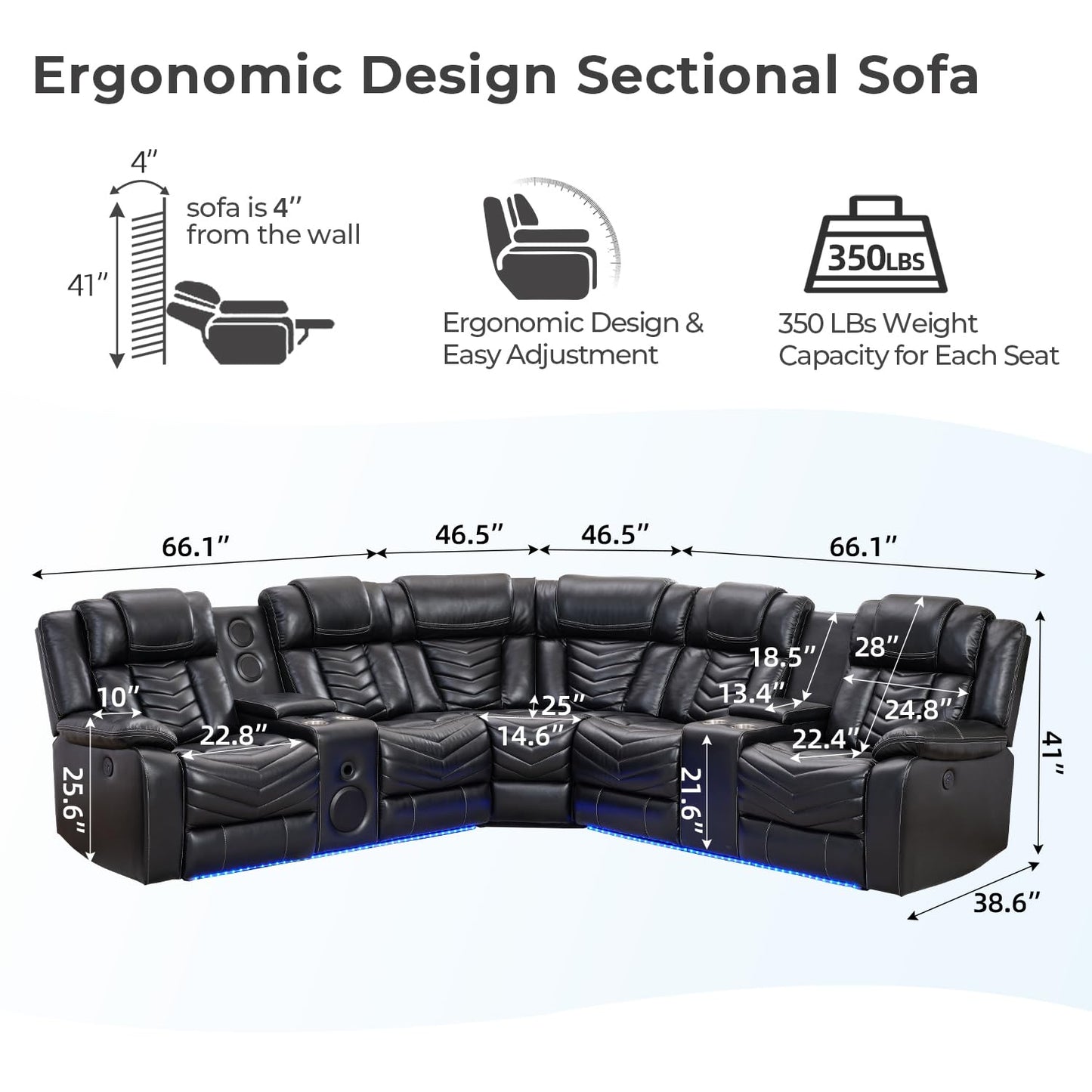 Comfort Stretch Power Recliner Sectional Sofa Couches with Bass Speakers for Living Room, Leather Reclining Corner Sectionals Sofa Couch Sets with LED Light, Electric Theater Recliners for Home, Black