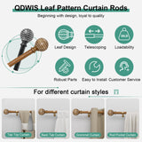 QDWIS Wood Curtain Rods for Windows 48 to 84 Inch(4-7ft),1'' Diameter Drapery Rods with Imitation Wood Grain Leaf Pattern Finials,Boho Adjustable Heavy Duty Curtain Rods Set,36-88'' QDWIS