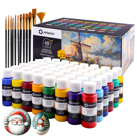 Artecho Acrylic Paint Set 48 Colors 2oz/59ml with 12 Brushes, Art Craft Paints Kit, Paint for Canvas, Rocks, Wood, Fabric, Ceramic and Art Supplies, Non Toxic Paint for Artists and Beginners Artecho