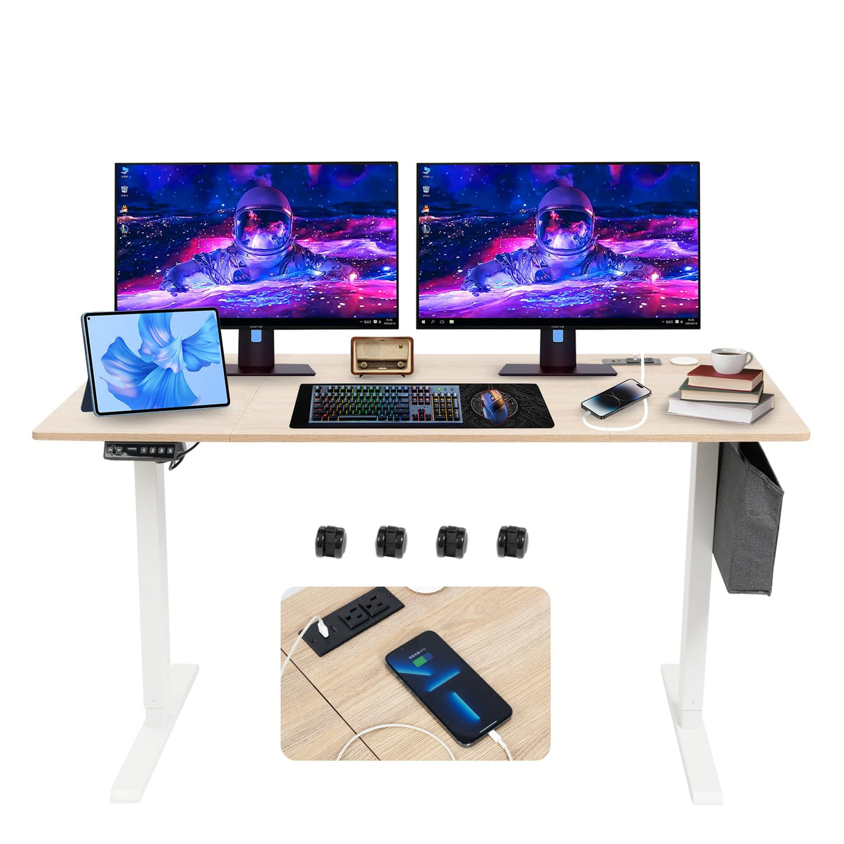 PORIYA 55x24 Inch Electric Height Adjustable Standing Desk with Cable Management, Acceptable 220V,Splice Board, Mouse Pad, 2-Outlet Power Strip with USB 20W Charger, and Casters（White Frame&Log Top） PORIYA