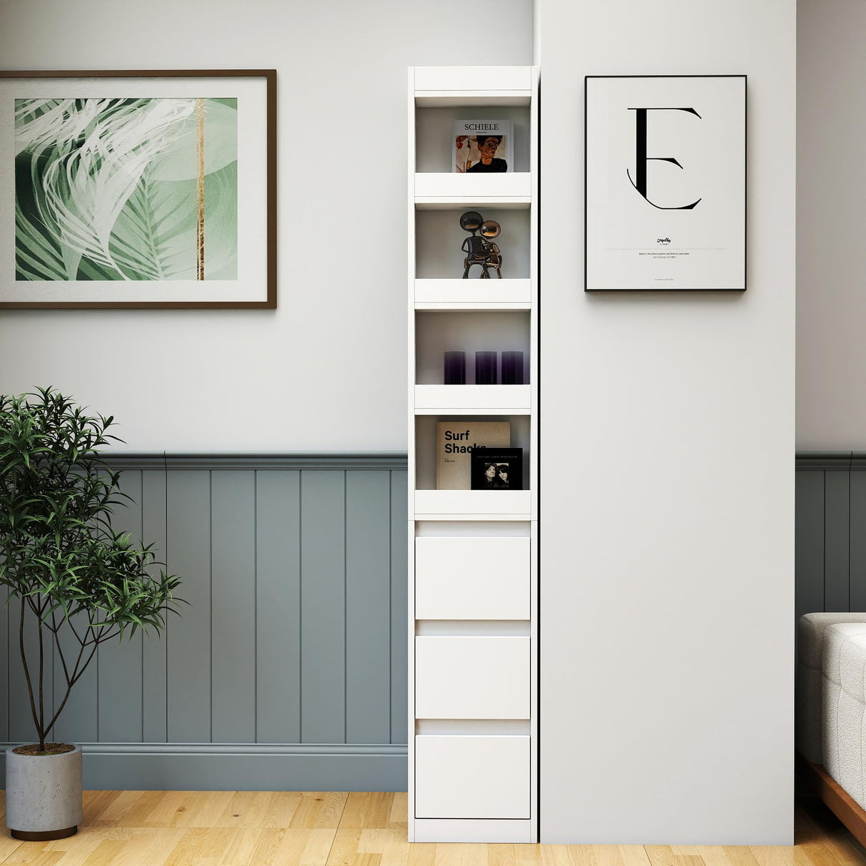 KEIKI 70.87" H Display Storage Cabinet with 4-Tier Shelf, 3 Side Drawers & 4 Small Display Shelves, Modern Wooden Tall Bookshelf Bookcase for Living Room, Office, White (Style A) KEIKI