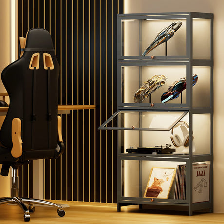 MoNiBloom 4-Tier Display Cabinet with Acrylic Doors - 55” Transparent Bamboo Display Case for Figures and Curio Collection, Floor Standing - Grey MoNiBloom