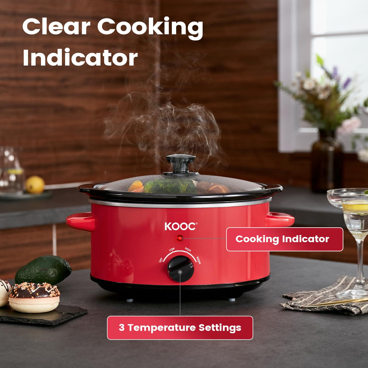 KOOC 4 Quart Slow Cooker, Free Liners Included for Easy Clean-up, 3 Temperature Settings, Dishwasher Safe Crock, Stainless Steel, RED, Ellipse KOOC