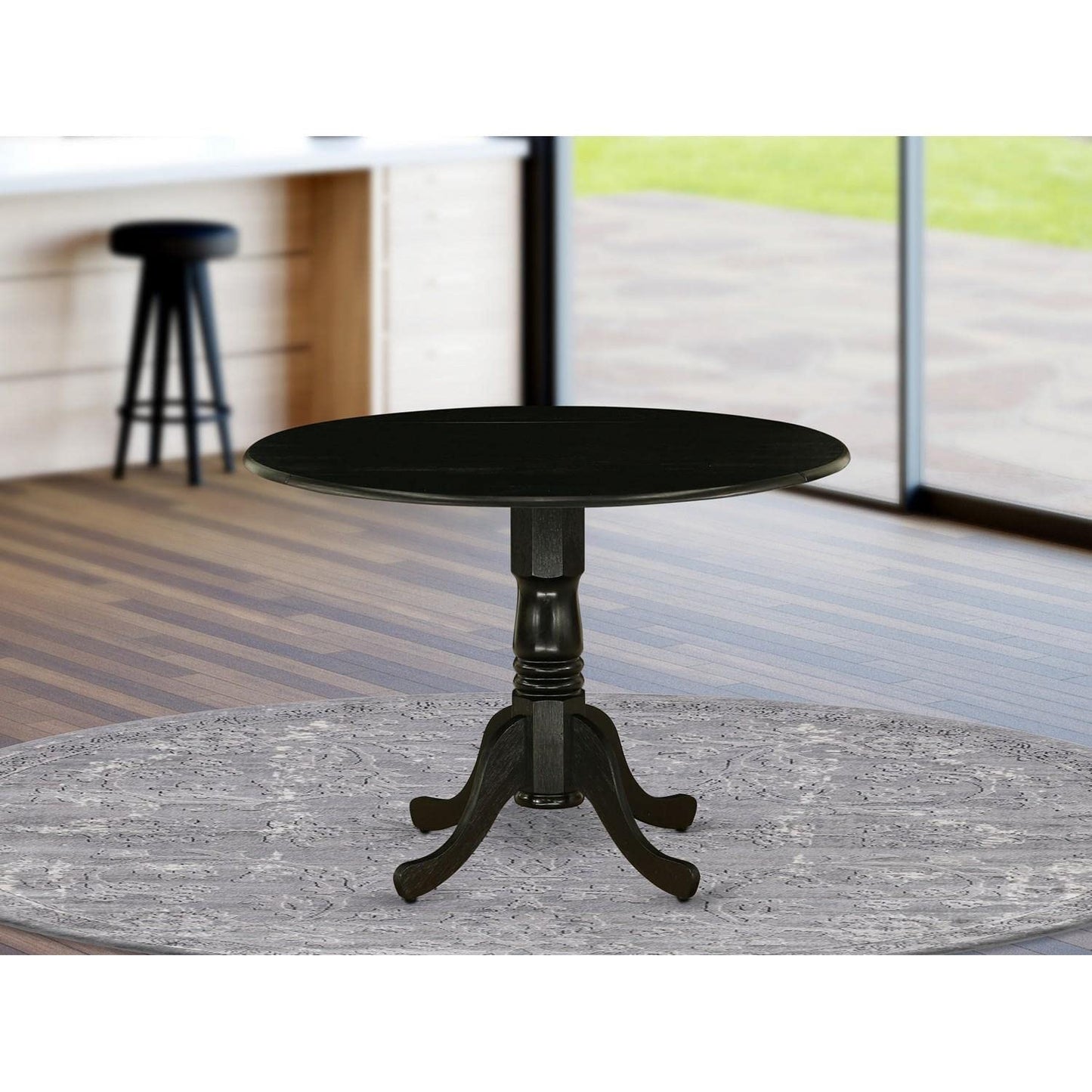 East West Furniture DLT-ABK-TP Dublin Dining Table - a Round Wooden Table Top with Dropleaf & Pedestal Base, 42x42 Inch, Wirebrushed Black - WoodArtSupply