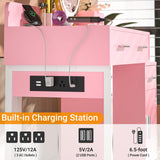 Vanity Desk with 4 Storage Drawers - Modern Makeup Vanity Table with Charging Station, Pink Vanity Desk with Reversible Cabinet Dressing Table Set with Divided Organizers for Women Girls, Pink & White Besiost