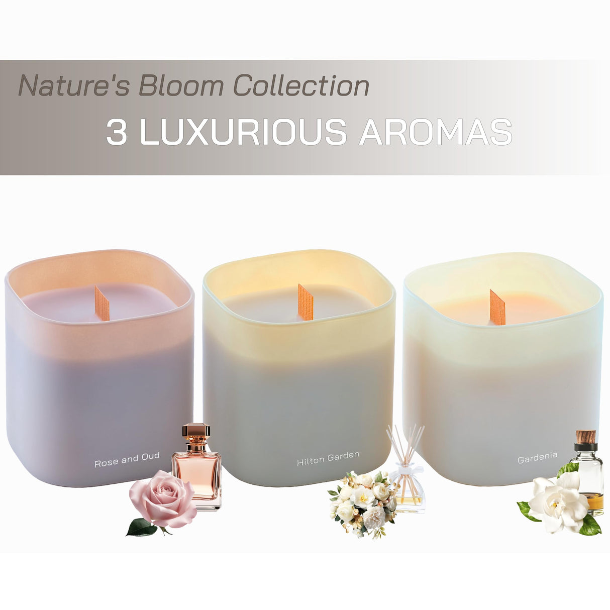 Set of 3 Scented Soy Candles Gift Set | Nature's Bloom Collection | 3 Scented Candles - Gardenia, Hilton Garden, and Rose & Oud | Crackling Wood Wick | Clean Burn | 50+HR Burn Time, 9.8oz Each Lumi Brand