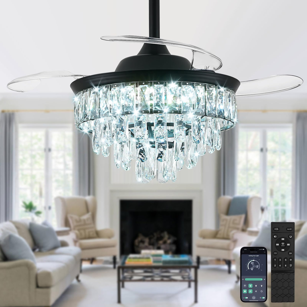 LEONTYNE 36 inch Fandelier Ceiling Fan with Light and Remote LED Dimmable Crystal Ceiling Fan 3 Blades 6 Speeds Invisible Retractable Ceiling Fan for Bedroom Living Room Dining Room (Black) LEONTYNE