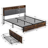 COMHOMA Platform Bed Frame with LED Lights and Charging Station, Storage Headboard and Footboard Drawers, No Box Spring Needed, Rustic Wood Look (King (U.S. Standard)) COMHOMA