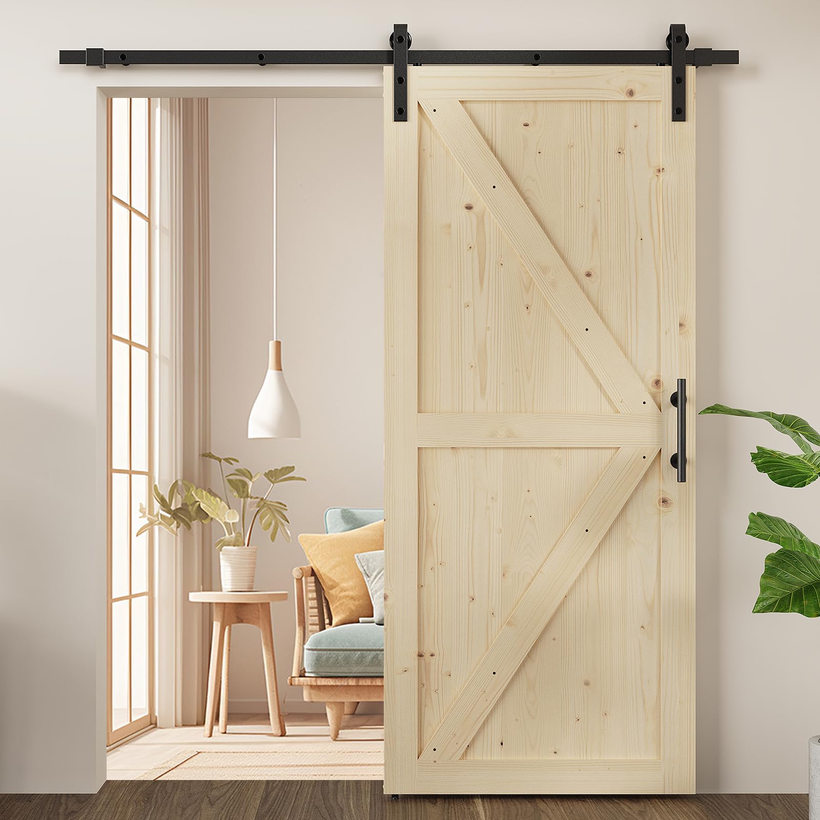 30in x 84in Barn Door Wood, 7FT Sliding Door with Hardware Kit Included, Solid Pine Barn Doors K Shape with Black Barn Door Handle and Floor Guide Need to Assembly - WoodArtSupply