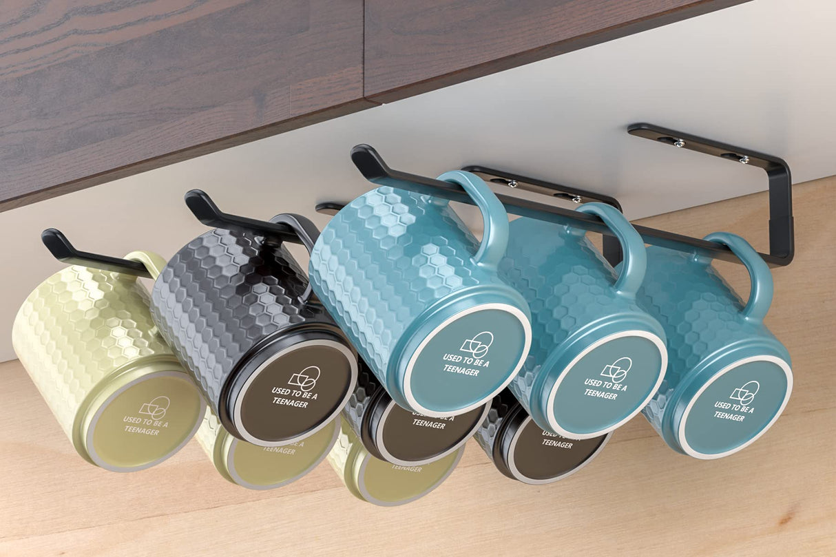 Amazer Coffee Mug Holder Under Cabinet 3 Pack, Metal Sturdy Mug Rack Under Shelf Organizer, Display Hanging Cup Storage Hooks for Bar Kitchen Utensils/Wine Glasses/Tea Cup, Black Amazer