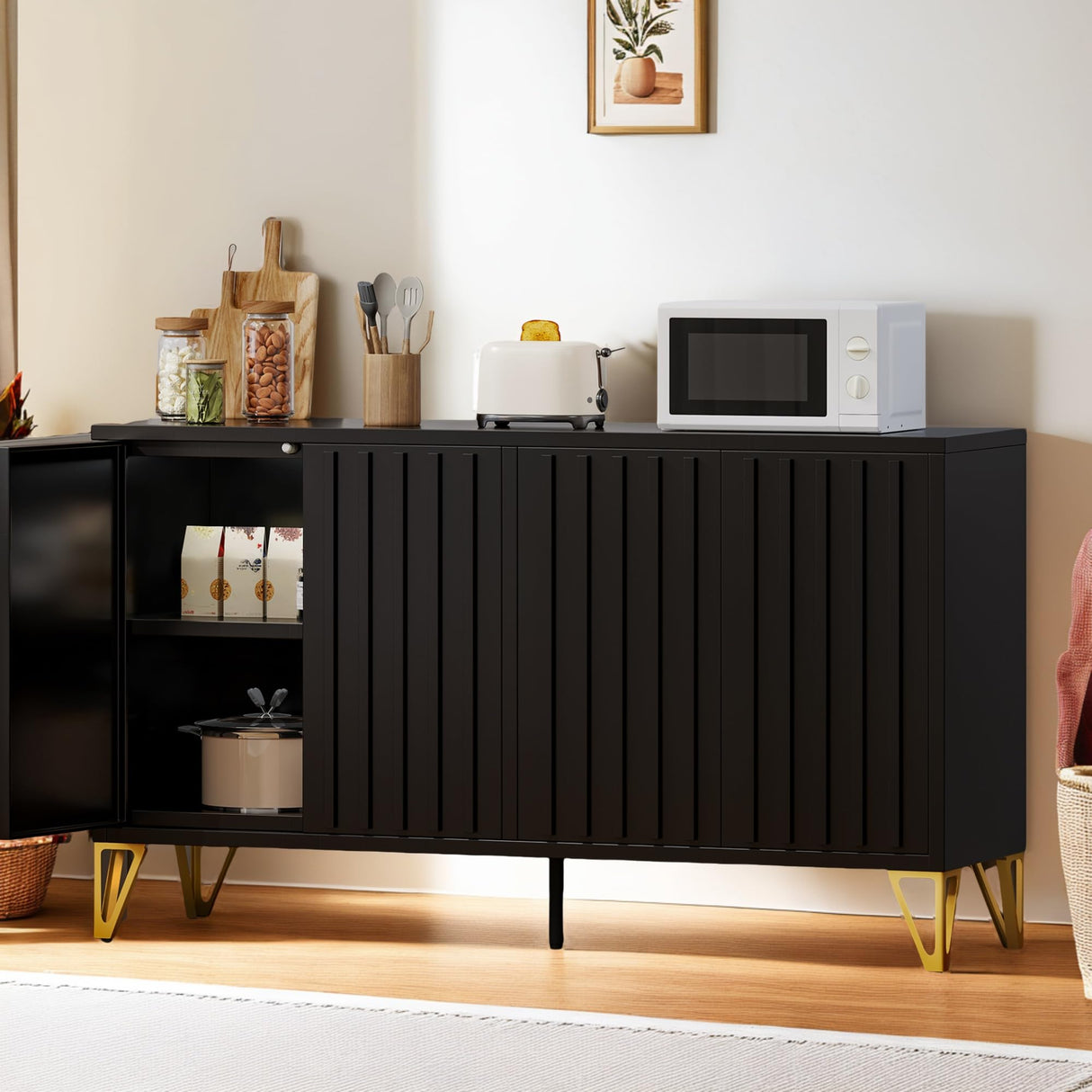 YITAHOME 55" Sideboard Buffet, Modern Buffet Cabinet Storage Cabinet with Doors, Metal Accent Console Credenzat with Adjustable Shelves for Hallway, Entryway, Kitchen or Living Room, Black YITAHOME