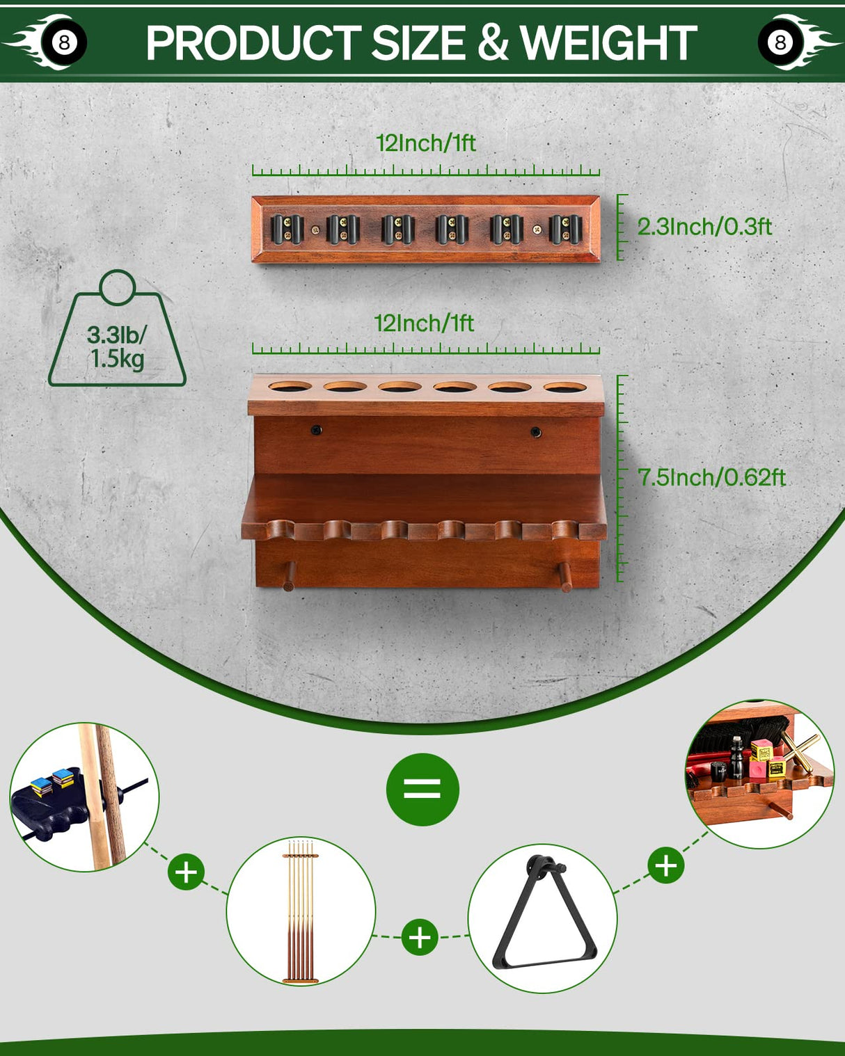 EXTCCT Wall Mount Pool Stick Holder - Billiards Pool Cue Rack Hardwood Pool Cue Set Holder for 6 Cues Sticks Storage Pool Table Accessories Equipment Organizer EXTCCT