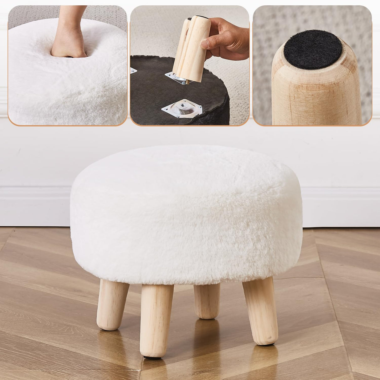 Cpintltr Round Footstool Ottoman Rabbit Wool Mushroom Stool Solid Wood Stool Small Upholstered Ottoman Shoe Changing Foot Stool Step Stool Sofa Footrest Stool for Living Room Bedroom (White) Cpintltr