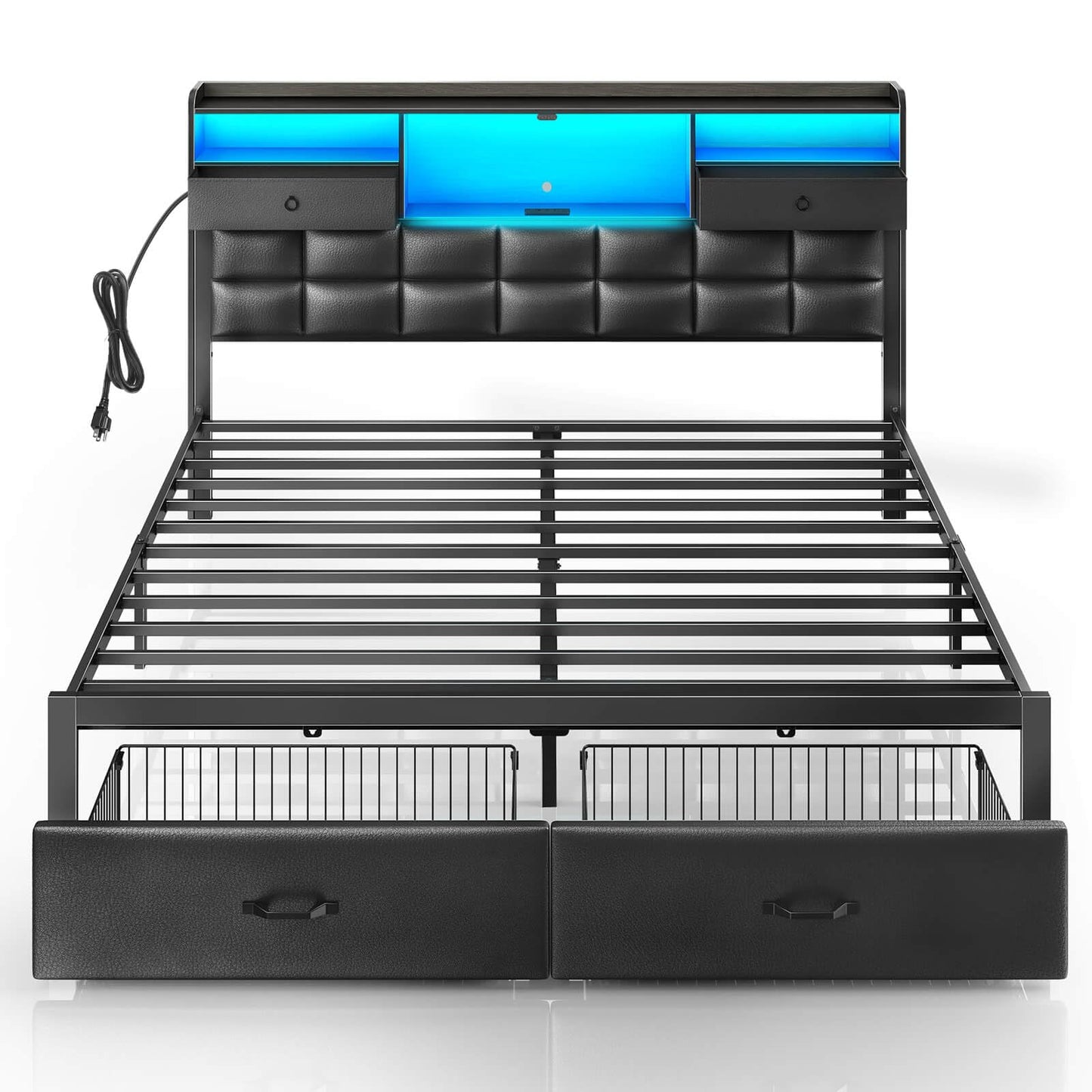 Rolanstar Bed Frame King Size with Drawers and Charging Station, Upholstered Platform Bed with Storage Headboard and LED Light, Heavy Duty Metal Frame Support, No Box Spring Needed, Noise Free, Black