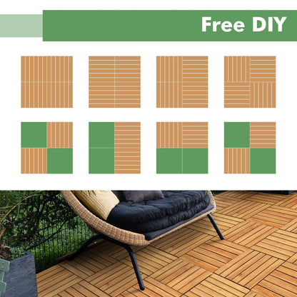 Interlocking Deck Tiles 10PCS Waterproof Soild Wood Patio Tiles Flooring Tiles for Indoor and Outdoor Balcony Porch Backyard Garden Poolside All Weather Use 12 x 12 Inches (Soild Wood 6 Slats - WoodArtSupply