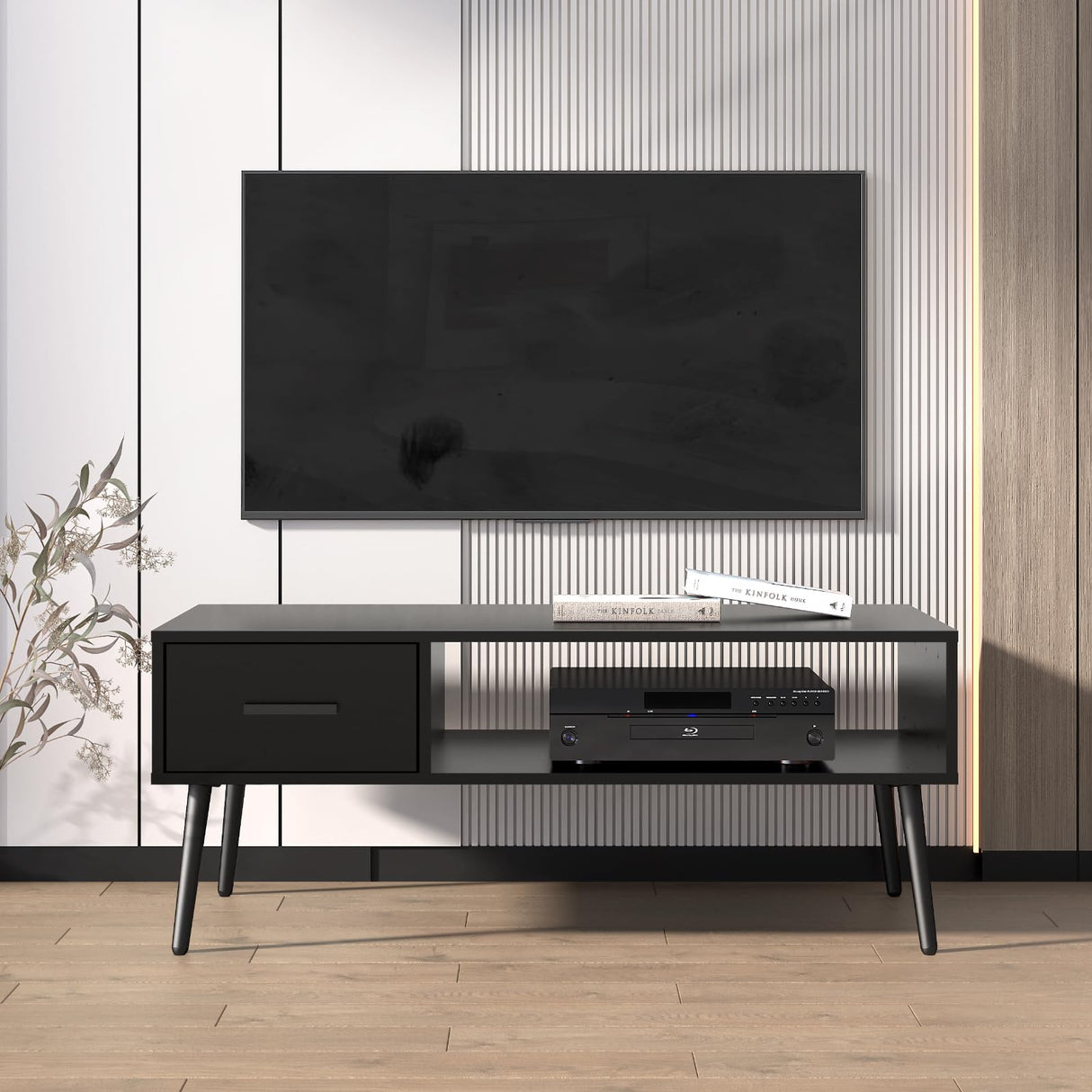 HAIOOU Coffee Table, Mid Century Modern Style Cocktail Table TV Stand with Drawer, Open Storage Shelf, Stable Floor-Anti-Scratching Pine Leg for Home, Office, Living Room - Black HAIOOU