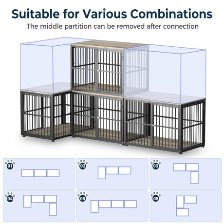 Lyromix 86.62''Dog Crate Furniture Large Breed TV Stand with Double Rooms,Wooden Dog Kennel Dog Crate End Table with Removable Divider for Large Medium Dogs, Can Use Separately Lyromix