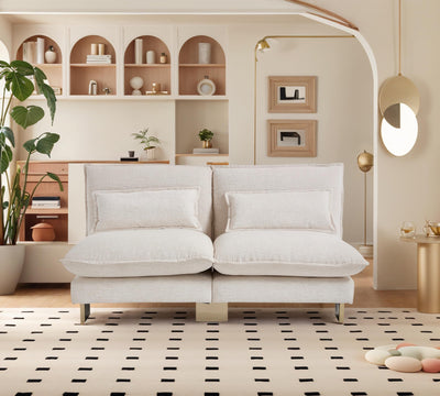 Hyfirm Small Modular Sofa Armless Loveseat, Modern 2-Seats Mini Sofa Couch with Pillows Convertible Love Seat with Gold Legs for Small Spaces Living Room, Beige Chenille