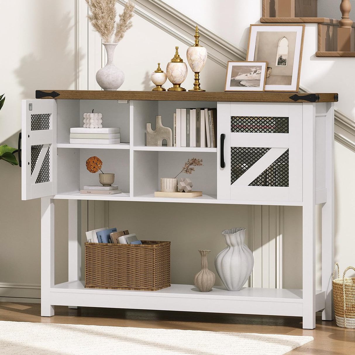 HOOBRO Farmhouse Entryway Table with Storage, 43.3" Small Console Tables for Entryway, Rustic Hallway Table, with Open Shelf and 2 Cabinets, Hall Tables for Entryway Narrow, White and Walnut WH110XG01 HOOBRO