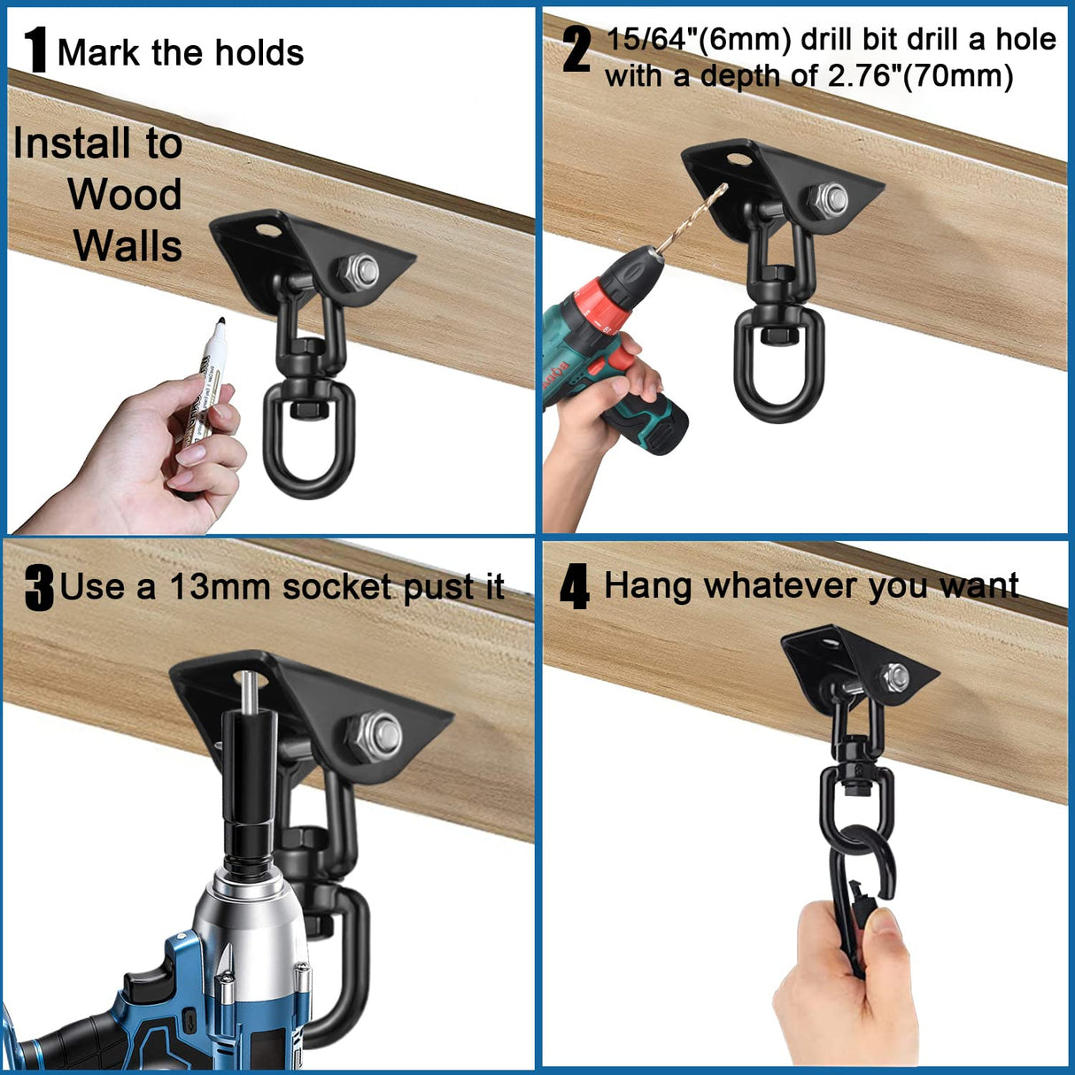 Hammock Hanging Kit,Hanging Chair Hardware 360°Rotating 1200 lb Capacity Hammock Hooks Heavy Duty,Hammock Chair Hanging Kit & Swing Ceiling Hook Snap for Hammock Chair Stand,Seat, Tree,Yoga,Gym(Black) JACNITAD