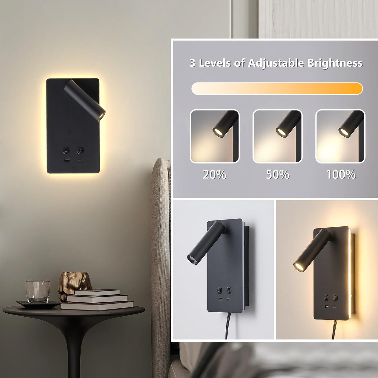 LED Reading Light Wall Mounted Lamp with 3 Brightness Dimmable & USB C+A Ports, Black Bedside Wall Lamps for Bedroom, Wall Sconce with Switch, Bed Lights for Headboard, Hotel, Bunk Bed, Dorm MOLUOLA LIGHTING