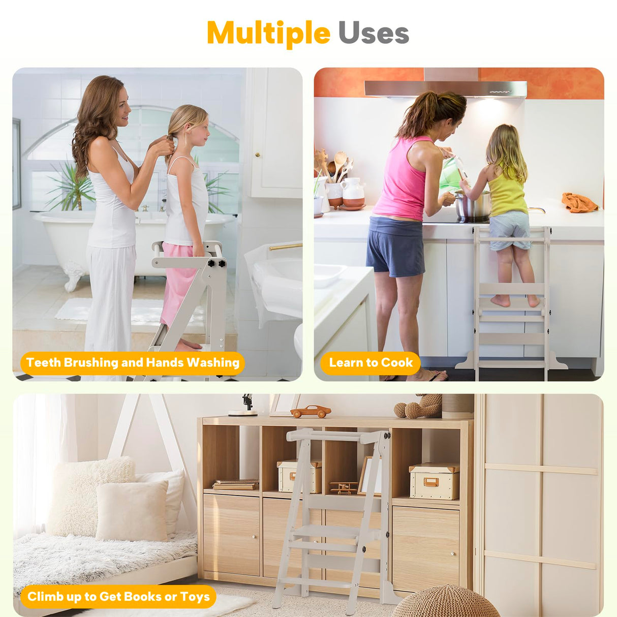 Toddler Tower Foldable, Kitchen Step Stool Helper with Safety Railing & 3 Adjustable Heights, Standing Tower with Double-Sided Drawing Board, Montessori Kitchen Tower for Toddlers/Kids Learning (Grey) SAUCE ZHAN