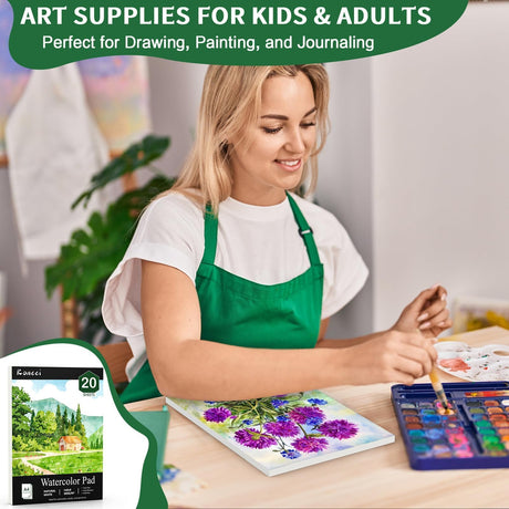 Koncci Watercolor Paper Pad (8.3"x11.7"-A4), 20 Sheets Watercolor Sketchbook, 140lb/300gsm, Glue Bound, Natural White, Cold Press & Acid-Free Water Color Paper for Adults Kids Beginner Students Koncci