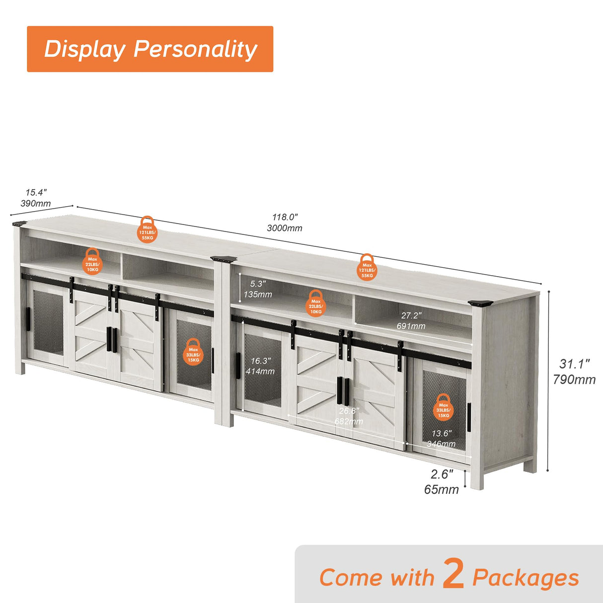 WAMPAT 2-in-1 TV Stand for 100+ Inch TVs, 31" Tall Farmhouse Entertainment Center with Rustic Mesh & Barn Doors, Wooden 118" Media Console with Adjustable Shelf & Yellow LED Lights, Antique White WAMPAT