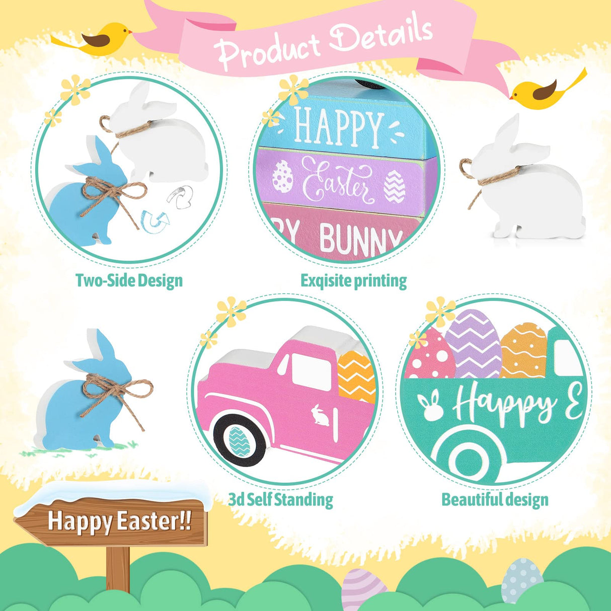 5 Pieces Easter Tiered Tray Decor Easter Farmhouse Wood Decor 3 Faux Books Bundle with Twine Easter Truck Sign and Wood Rabbit Sign Bunny Egg Spring Wooden Sign Tiered Tray for Easter Decor (Bunny) Blulu