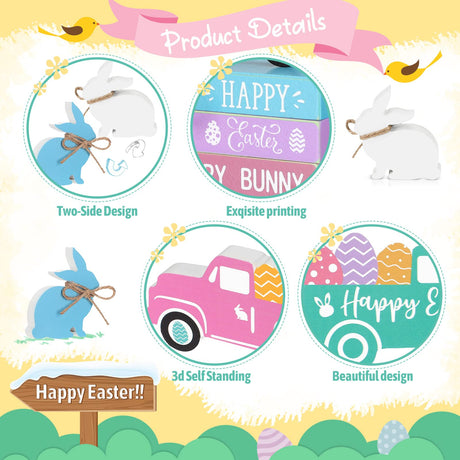 5 Pieces Easter Tiered Tray Decor Easter Farmhouse Wood Decor 3 Faux Books Bundle with Twine Easter Truck Sign and Wood Rabbit Sign Bunny Egg Spring Wooden Sign Tiered Tray for Easter Decor (Bunny) Blulu