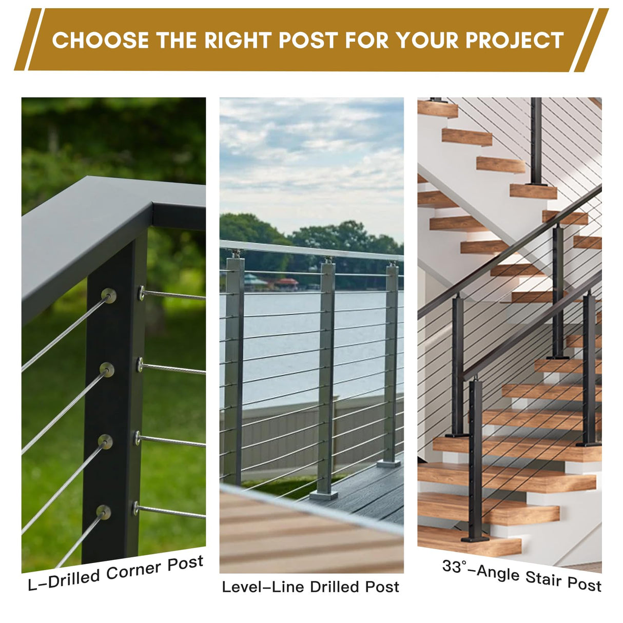 Rayzi 42" 2Pack Cable Railing Post, Stainless Steel Level Line Handrail Post with 100ft 1/8" Stainless Steel Cable and Wire Pliers DIY Kit (No Handrail), Black Rayzi