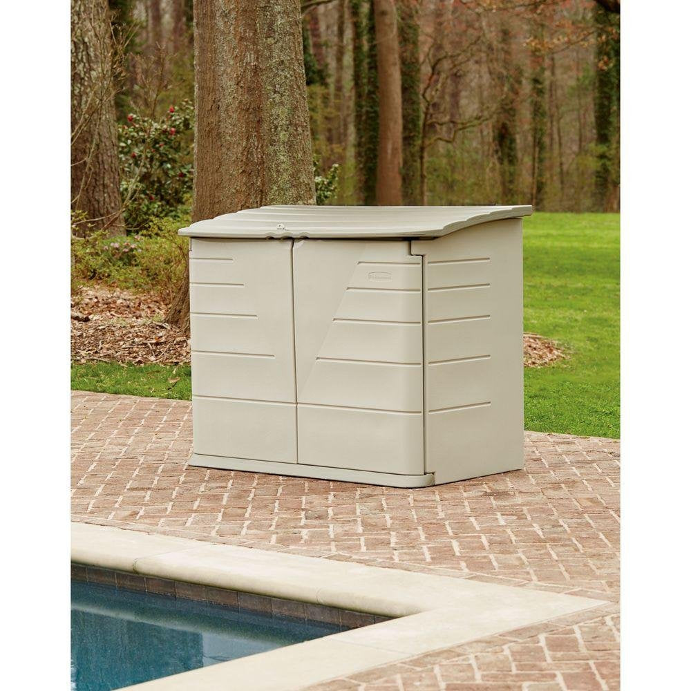 Rubbermaid Large Horizontal Resin Outdoor Storage Shed With Floor (5 x 4 Ft) Weather Resistant, Beige/Brown, Organization for Home/Backyard/Pool Chemicals/Toys/Garden Tools/Porch/Patio Cushio - WoodArtSupply